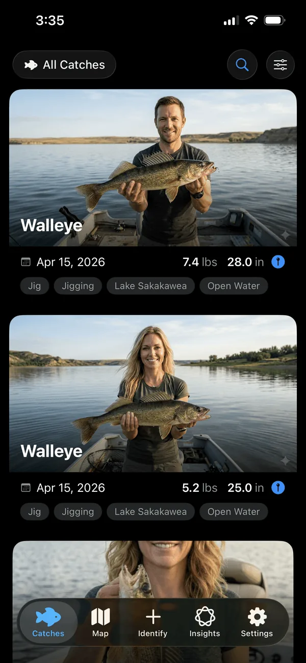ReelIQ catches list with photos, species, weights and conditions