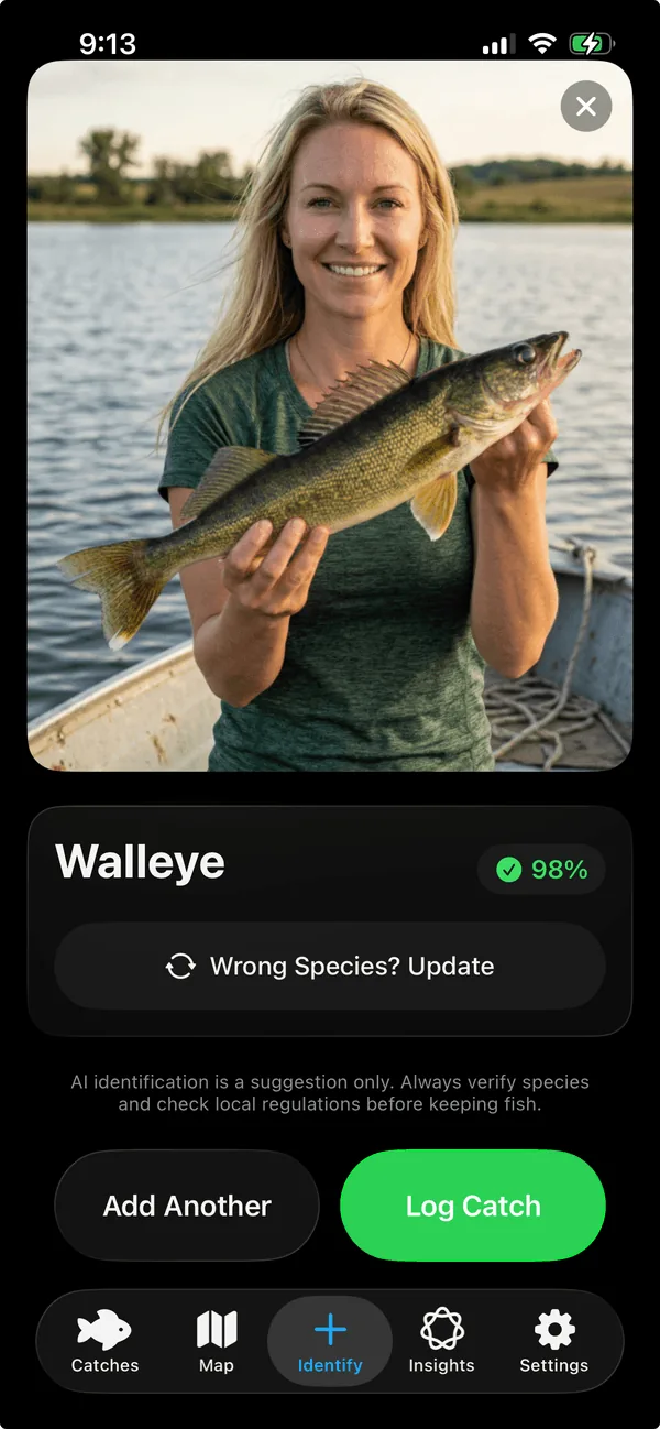 ReelIQ catch identification screen showing an angler holding a Walleye with species identified at 98% confidence, Wrong Species Update and Log Catch options